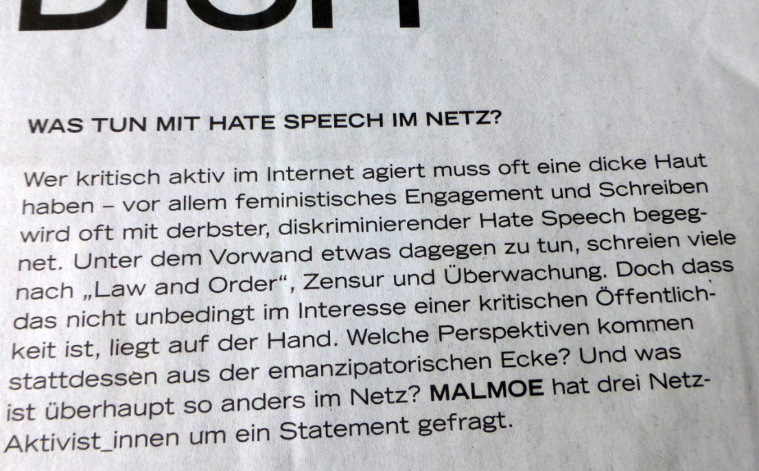 MALMOE fragt, 'Was tun mit hate speech im Netz?'